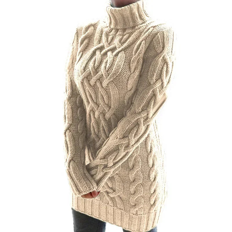 Women Fashion Long Sweater Dress High Collar Knitted Sweater Solid Color Thicken Pullovers Mini Vestidos 2024 Winter Autumn