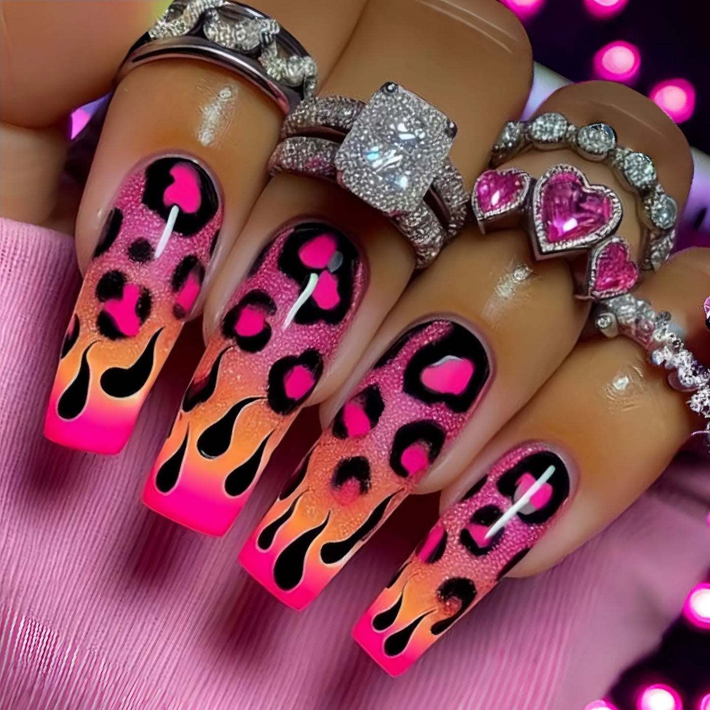 Medium long fake nails for women girls Y2K colorful gradient leopard print Pink green coffee coffin tips press on false nail set