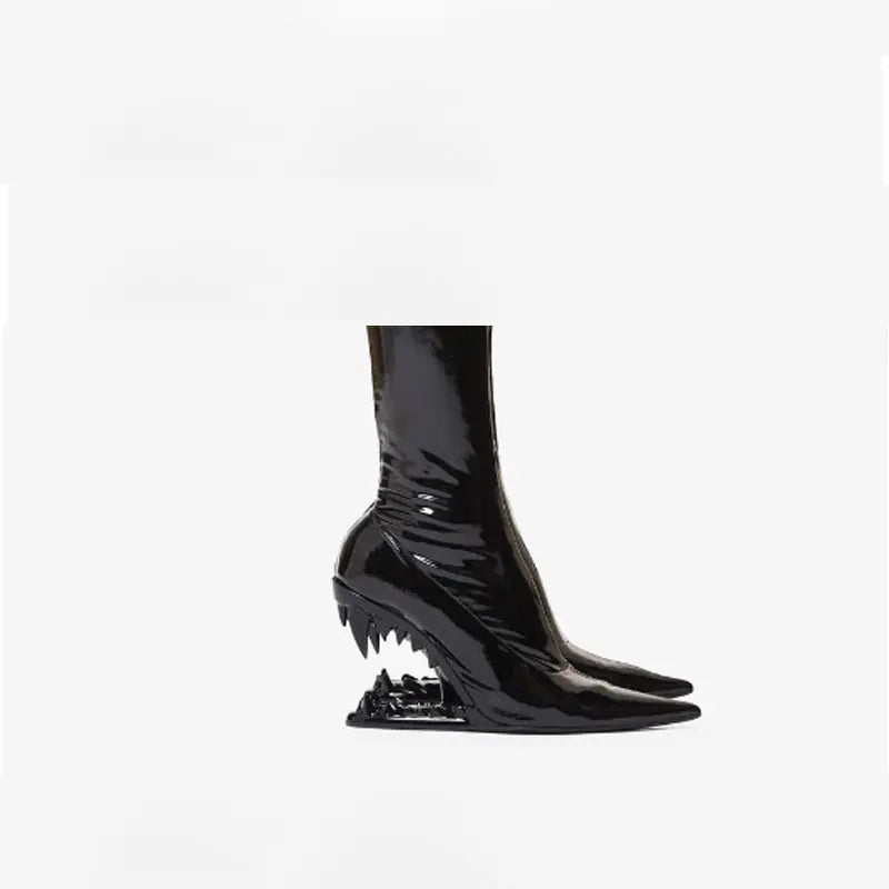 Women's New Pointed Patent Leather Tiger Teeth Slope Heel Fashion Elastic and Calf Short Boots