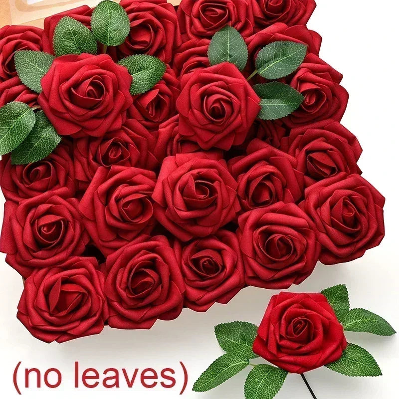 50/5Pcs Artificial Roses Flowers Foam Fake Rose Heads With Stems For DIY Wedding Bouquets Home Party Tables Decorations Supplies