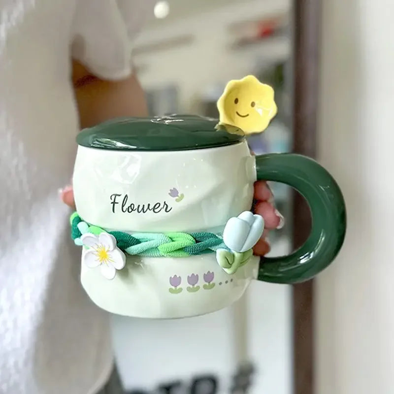 390ML Hand-Painted Flower Tea Cup Ceramic Mug Lid with Spoon Office Drinkware Cups Tea Coffee Milk Juice Bottle Creative Gift