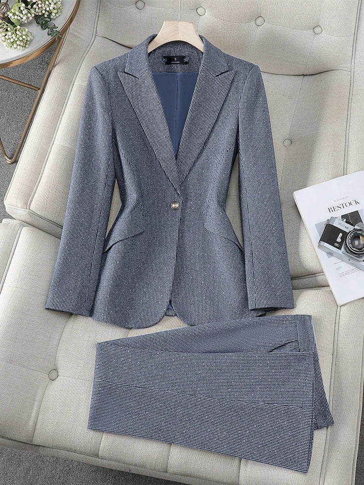 Fashion Winter Women's Pant Suit Ladies Female Business Work 2 Piece Set Red Coffee Gray Formal Blazer Jacket And Trouser