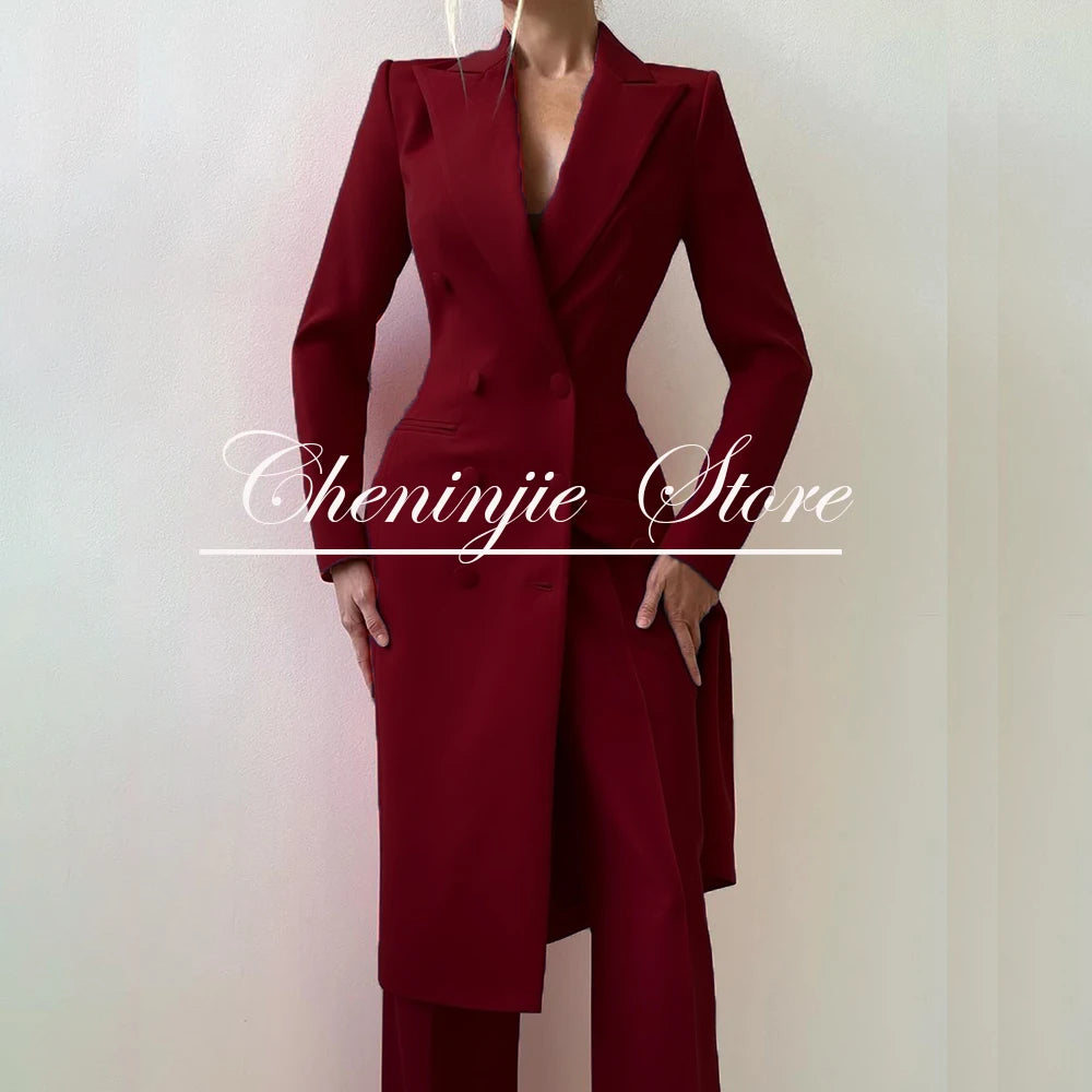 Customized Elegant Slim Fit Women's Suits 2 Piece Blazer Double Breasted Peak Lapel Long Jacket Pants Sets Fashion Clothing 2025