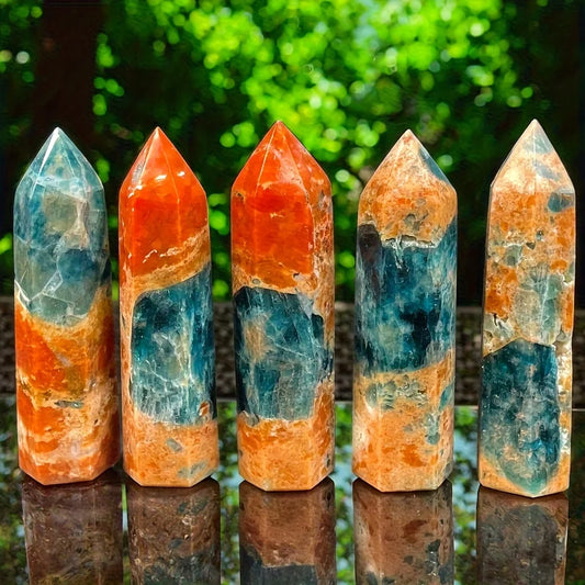One Piece of Unique Blue Apatite Combined with Sunstone in a Crystal Tower Form - a Natural Gradient from Orange to Blue