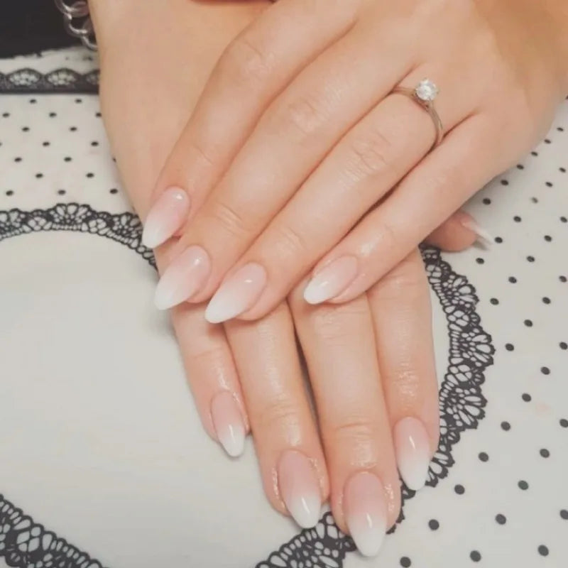 24PCS Press on Nails Short Almond Medium Fake False Nails With Glue Acrylic Nail Art Nails for Women Girls Gradient Almond Nude