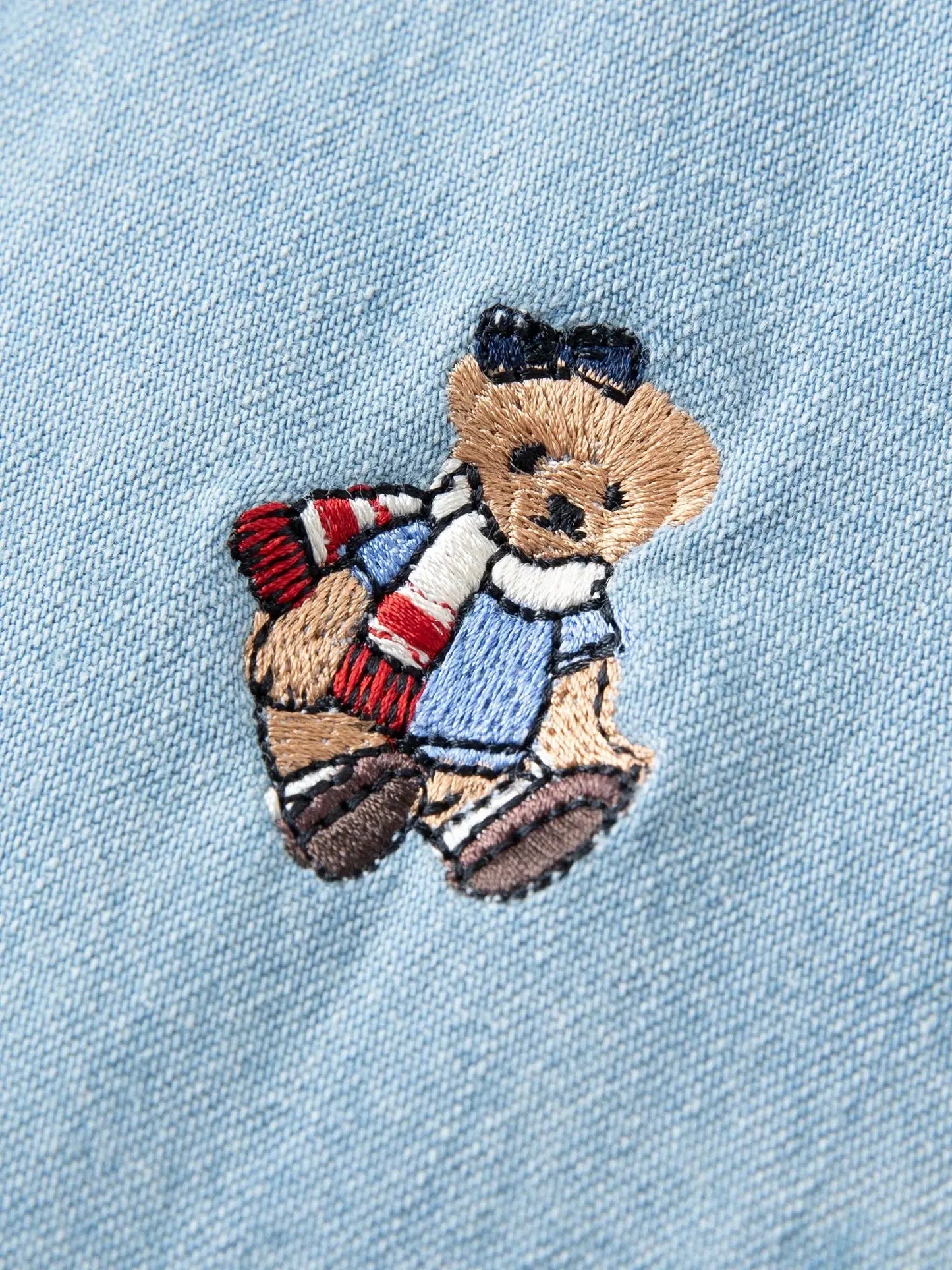 American Retro Bear-Embroidered Denim Shirt (Plus Size)