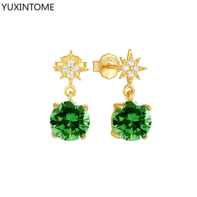 925 Sterling Silver Ear Needle Green Zircon Stud Earrings for Women Luxury Long Chain Geometric Gold Earrings Fashion Jewelry