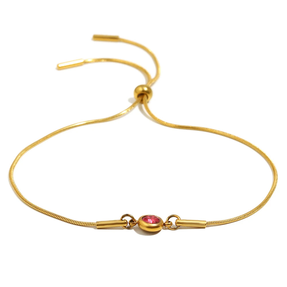 E.B.belle Colorful Round Zircon Birthstone Snake Chain Adjustable Bracelet Chain Gold Plated Stainless Steel Women Chic Jewelry