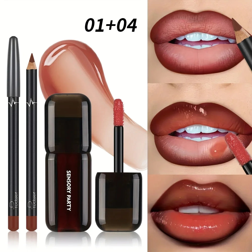 Pudaier Lip Gloss & Lip Liner Set, Hydrating Long Lasting Waterproof Non-Smudge Lip Makeup, Smooth Lip Kit for Women