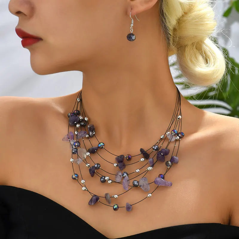 Multilayer Natural Stone Ethnic Necklace Earrings Set