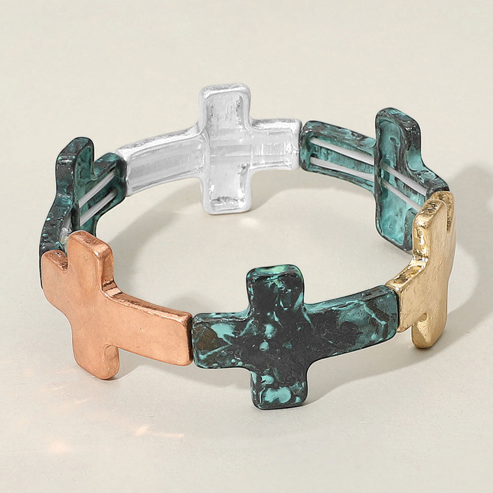 Worn Metal Cross Stretch Bracelet