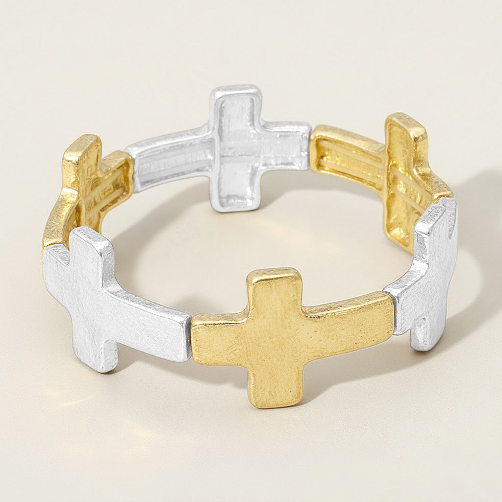Worn Metal Cross Stretch Bracelet
