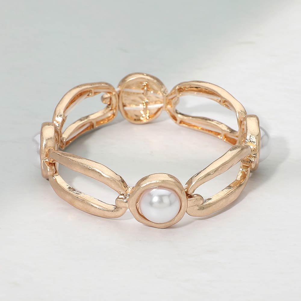 Pearl Accent Hammered Brushed Metal Link Chain Beaded Stretch Bracelet