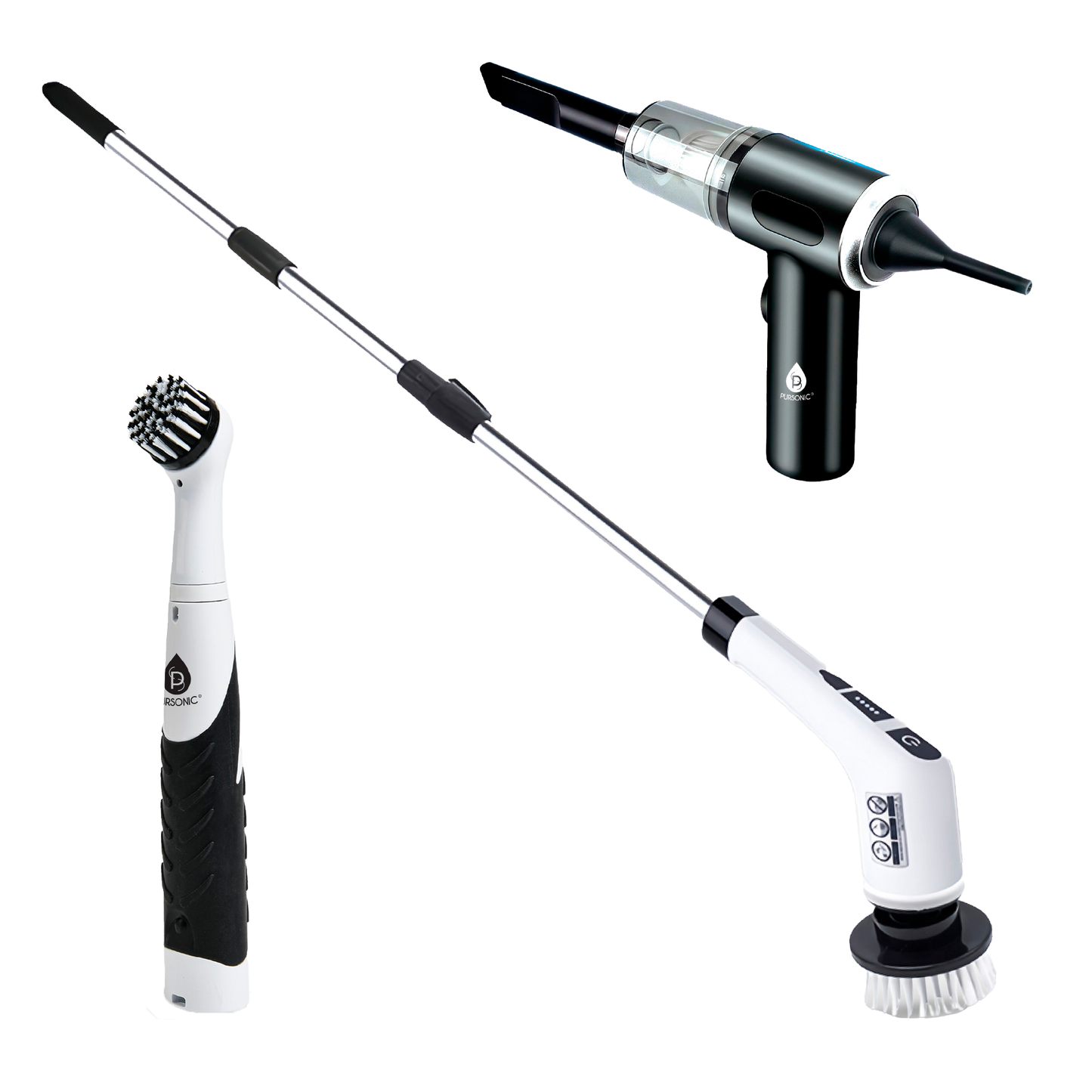 3-in-1 Cordless Rechargeable Cleaning Pursonic Bundle: Power Scrubber, Extended Brush & Mini Vacuum Duster for Home & Car.-0