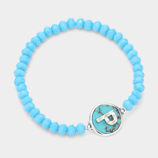 -P- Initial Monogram Turquoise Charm Faceted Beaded Stretch Bracelet