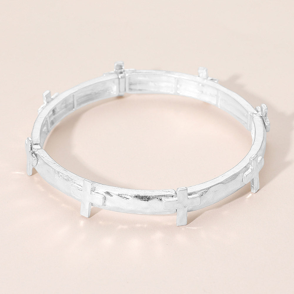 Hammered Brushed Metal Cross Accent Stretch Bracelet