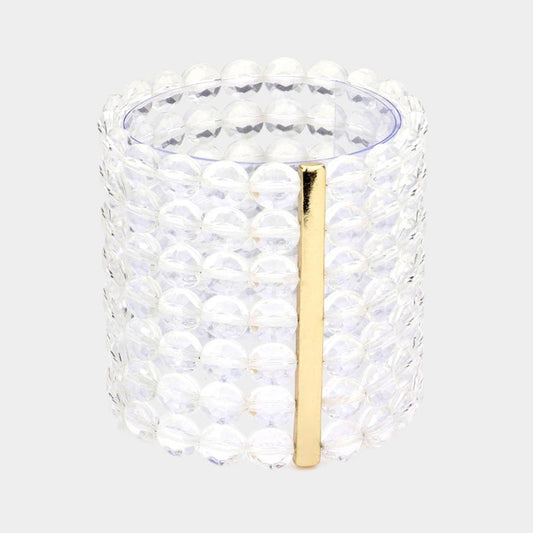 7Rows Wide Faceted Round Clear Lucite Beaded Stretch Bracelet