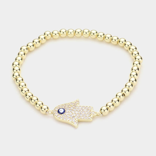 Brass Metal Ball CZ Hamsa Hand Enamel Evil Eye Charm Stretch Bracelet