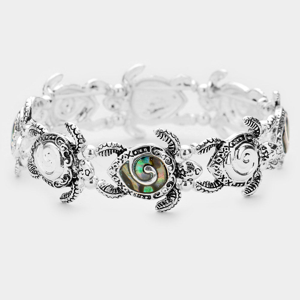 Abalone Turtle Antique Metal Trim Stretch Bracelet