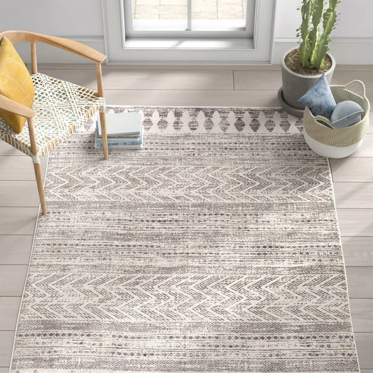 6.6-ft. x 9-ft. Grey Ivory Chevron Stripe Geometric Boho Style Area Rug-0