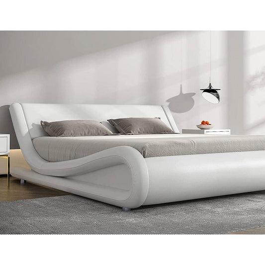 Queen Modern White Faux Leather Upholstered Platform Bed Frame with Headboard-0