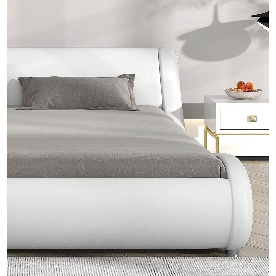Queen Modern White Faux Leather Upholstered Platform Bed Frame with Headboard-1