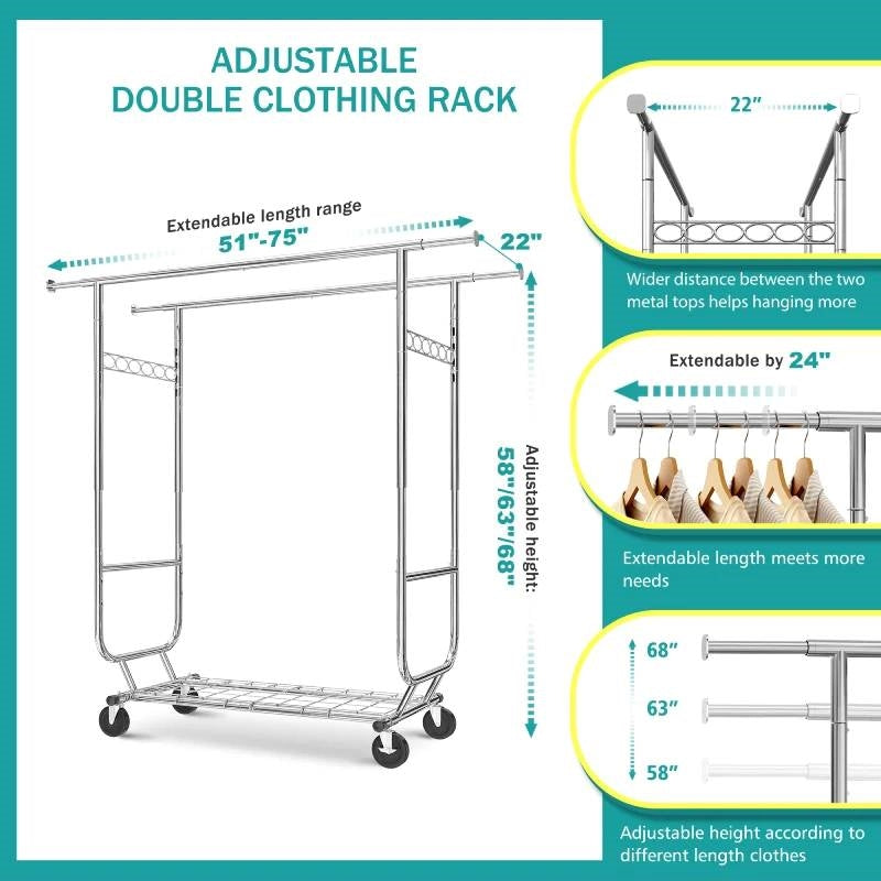 Heavy Duty Double Bar Clothes Garment Rack on Wheels - 600 lbs Capacity-3