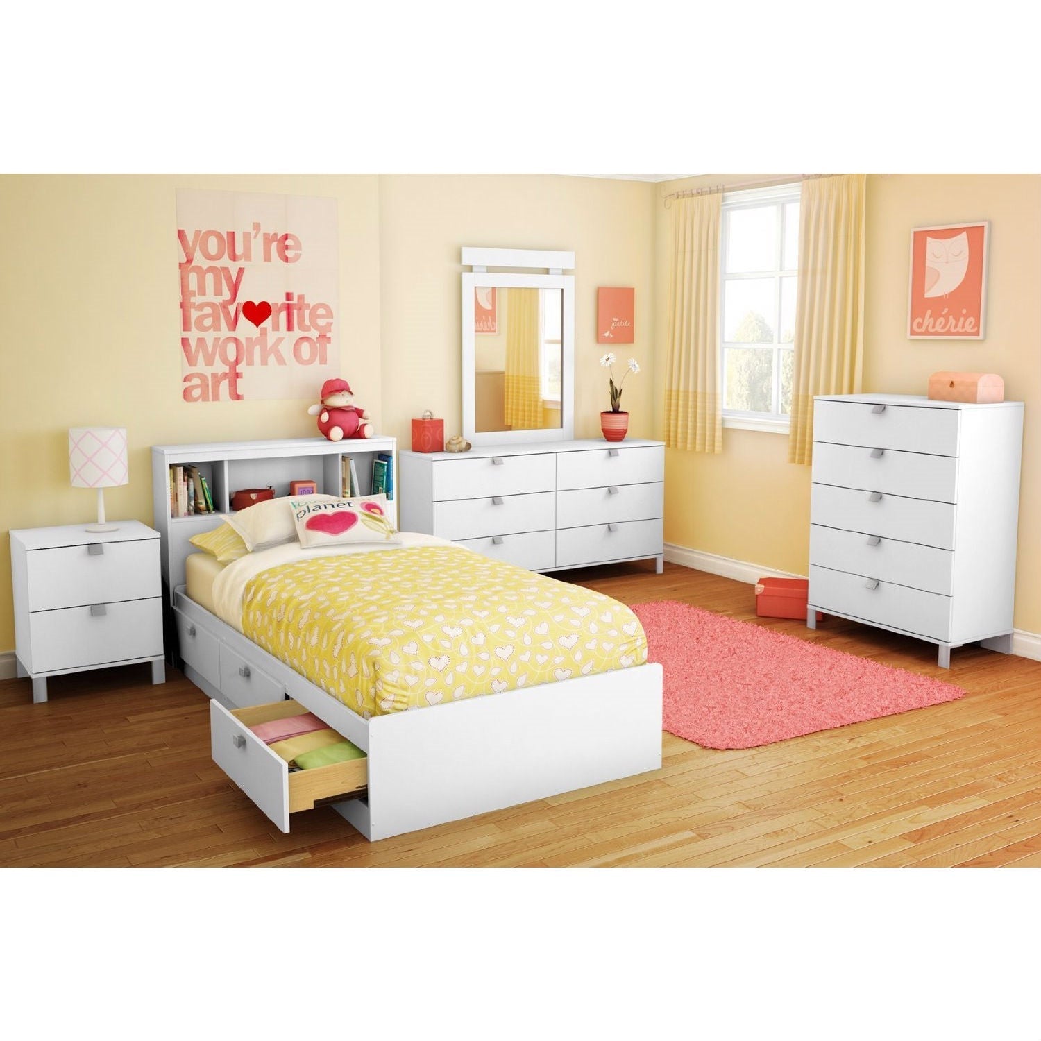 Twin size White Platform Bed for Kids Teens Adults with 3 Storage Drawers-1