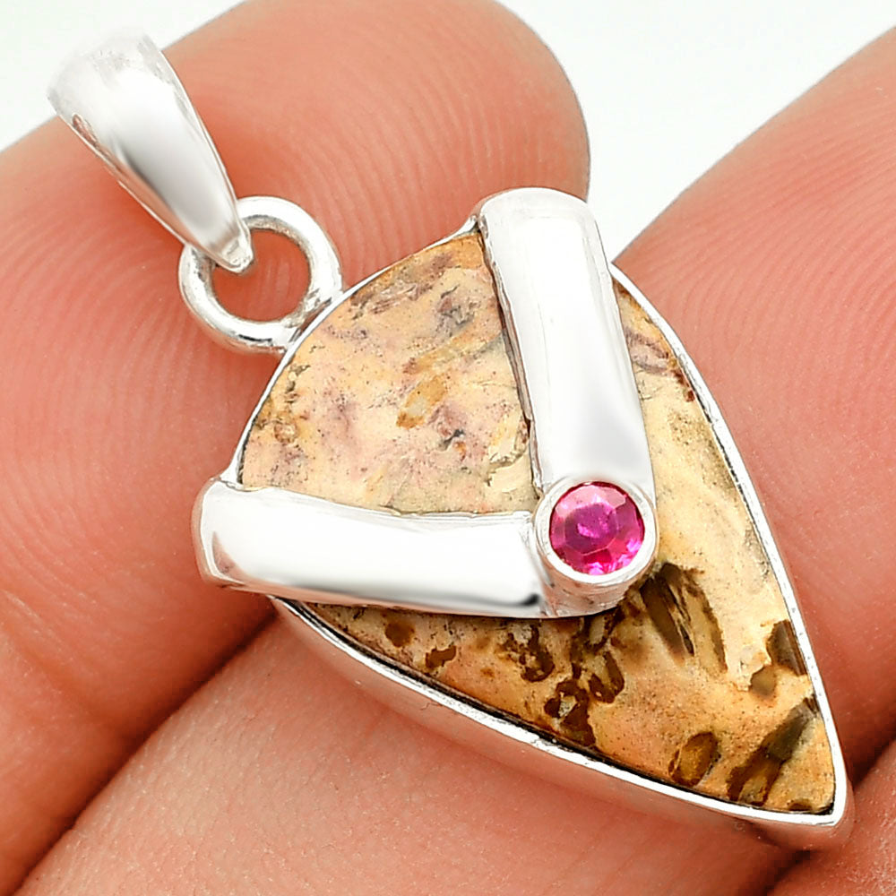Natural Palm Root Fossil Agate & Ruby Pendant P-1735 SDP150756-0