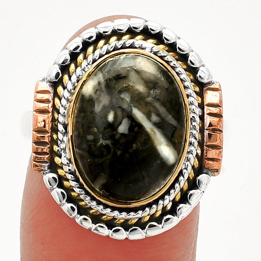 Two Tone - Mexican Cabbing Fossil Ring size-9 R-1414 SDR234251-0