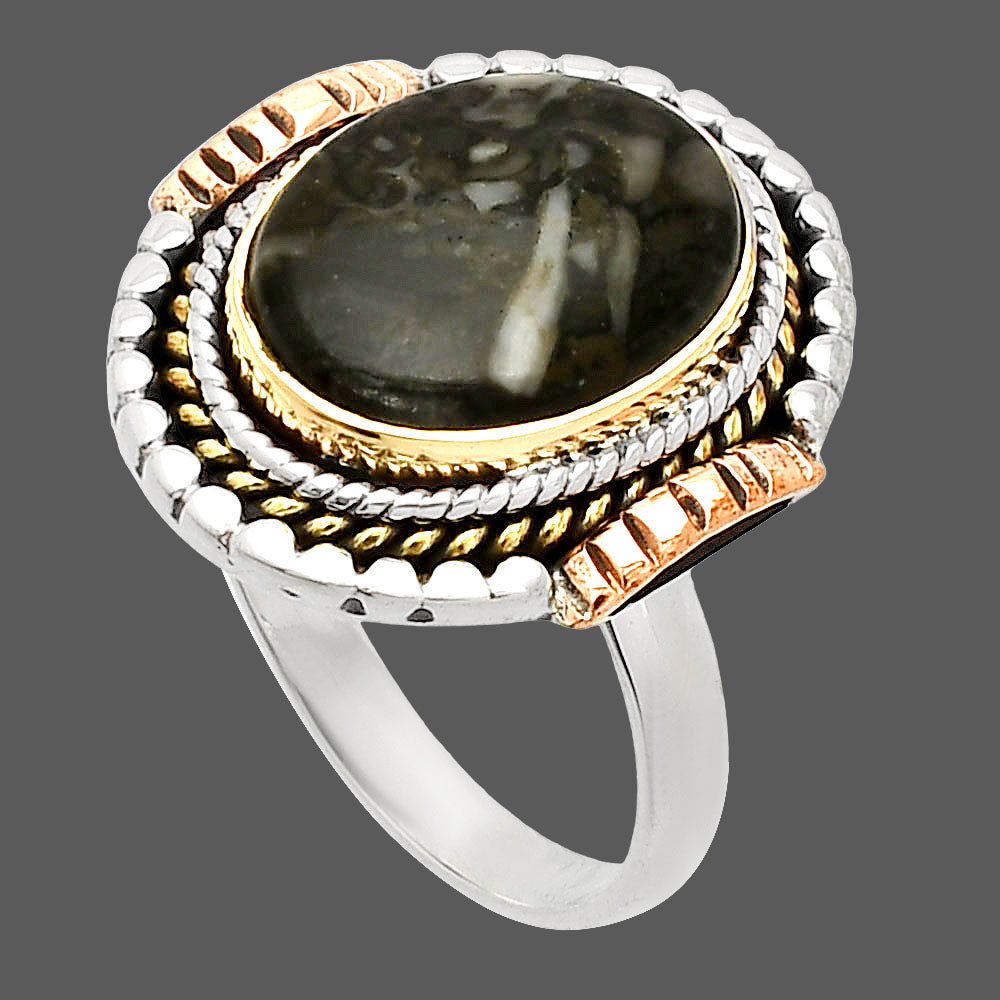 Two Tone - Mexican Cabbing Fossil Ring size-9 R-1414 SDR234251-2