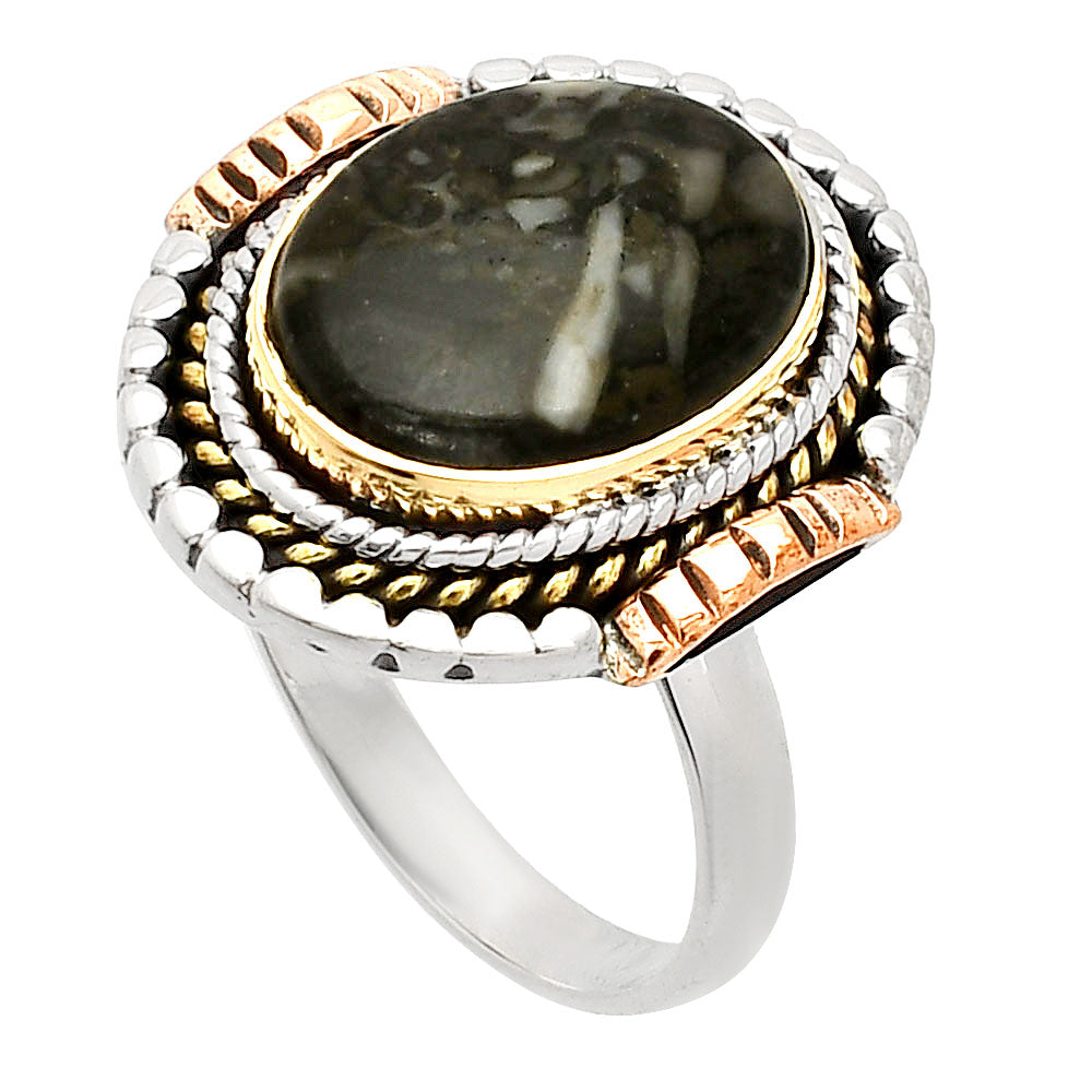 Two Tone - Mexican Cabbing Fossil Ring size-9 R-1414 SDR234251-1