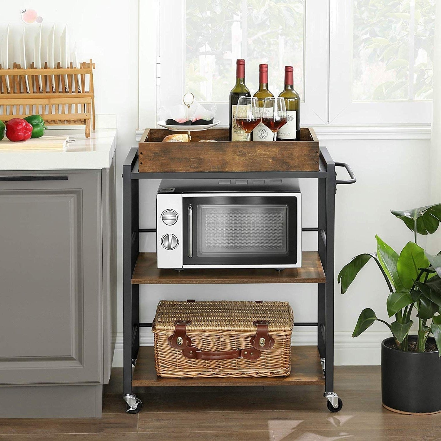 Farmhouse 3-Tier Kitchen Microwave Cart with Serving Tray on Wheels-4