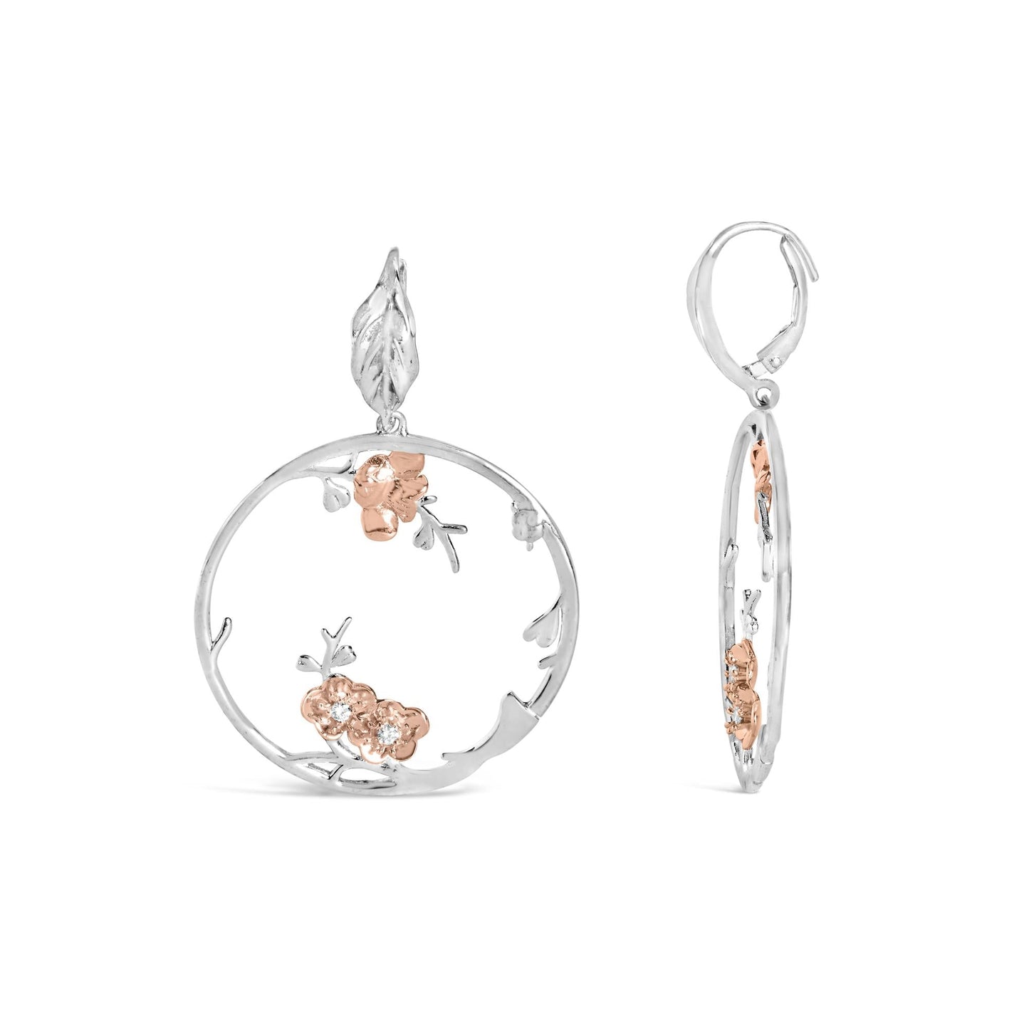 Rose Gold Plated .925 Sterling Silver 1/10 Cttw Diamond Floral Hoop Earrings (I-J Color, SI1-SI2 Clarity)-3