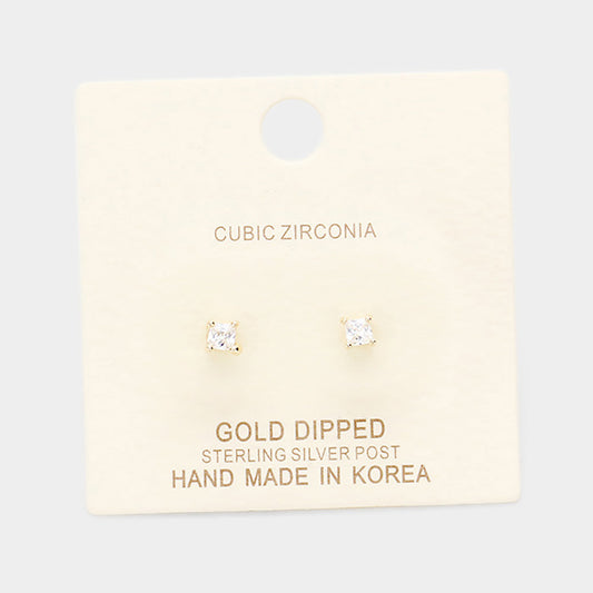 Gold Dipped 3mm Cubic Zirconia Square Stud Earrings