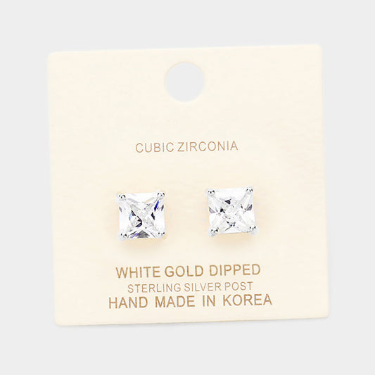 White Gold Dipped 8mm Cubic Zirconia Square Stud Earrings