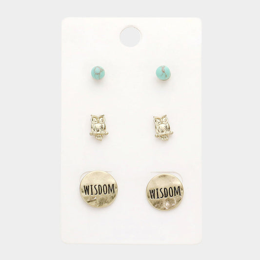 3Pairs - Turquoise Owl Wisdom Message Stud Earrings