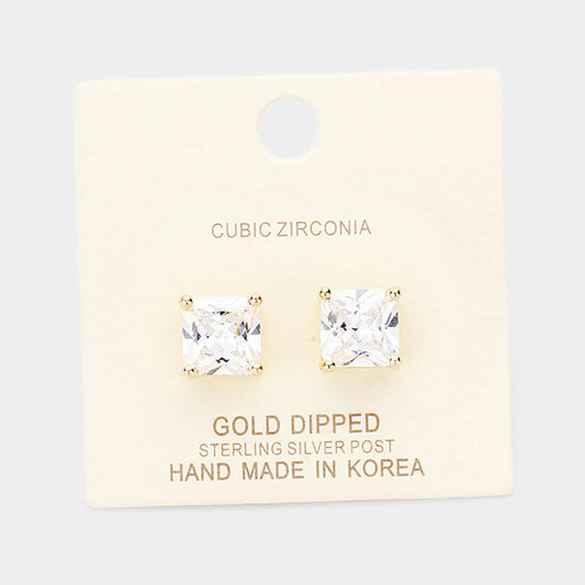 Gold Dipped 9mm Cubic Zirconia Square Stud Earrings