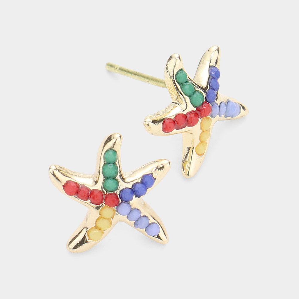 Bead Embellished Metal Starfish Stud Earrings