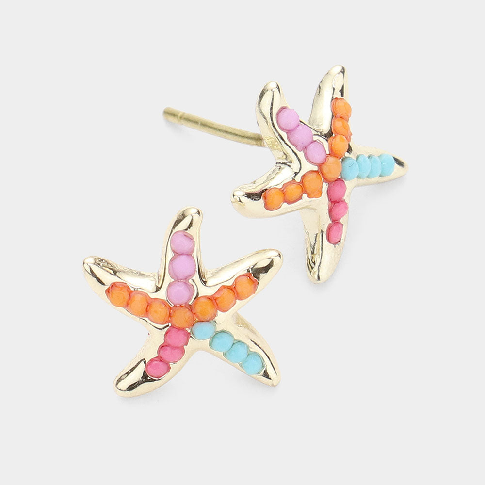 Bead Embellished Metal Starfish Stud Earrings