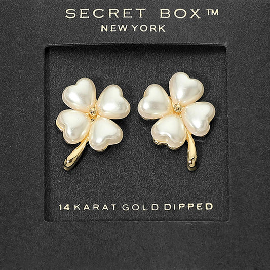 SECRET BOX_14K Gold Dipped Pearl Four Leaf Clover Stud Earrings