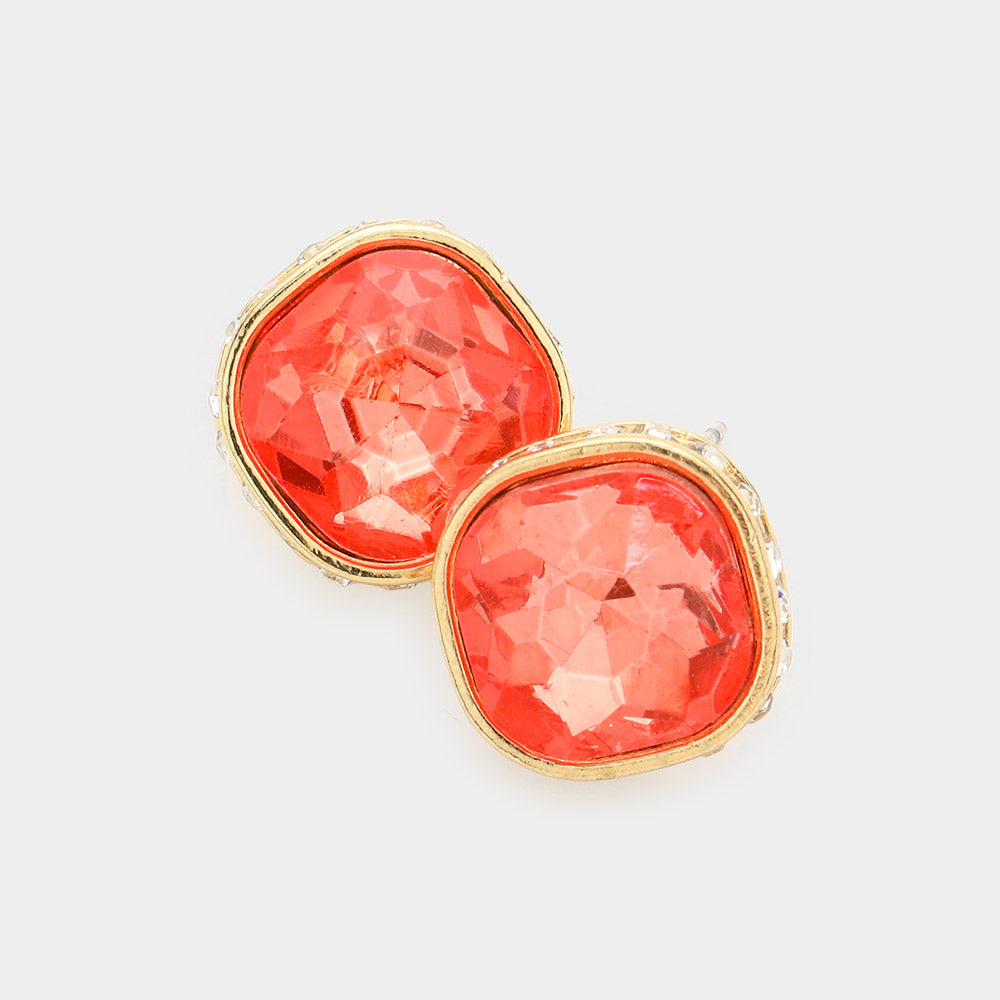Rhinestone Trimmed Square Stone Evening Stud Earrings