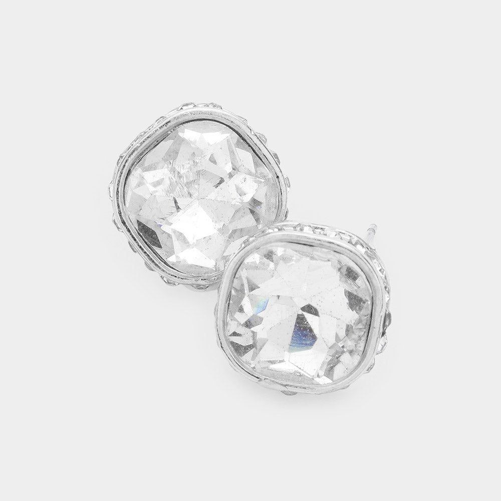 Rhinestone Trimmed Square Stone Evening Stud Earrings