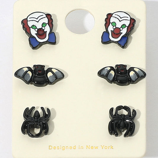 3Pairs - Halloween Clown Bat Spider Stud Earring Set
