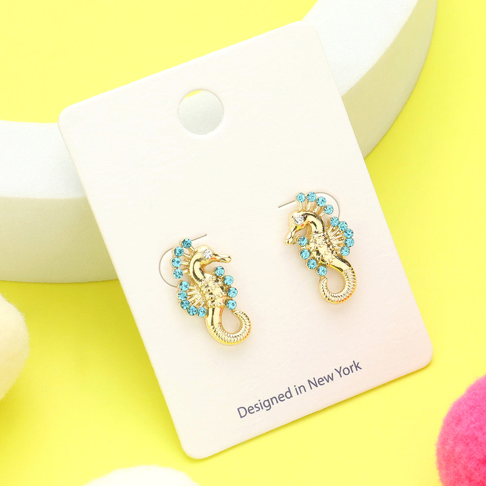 Stone Embellished Enamel Seahorse Stud Earrings