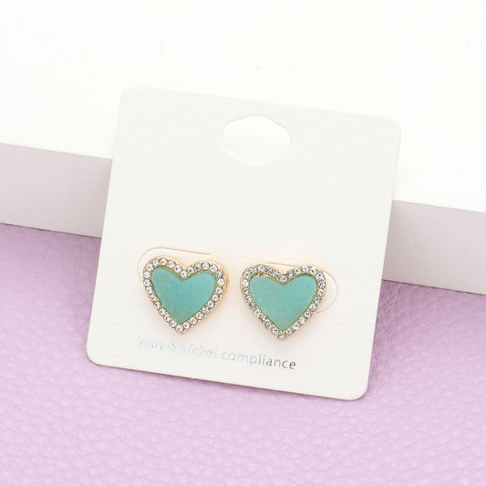 Rhinestone Trimmed Druzy Heart Stud Earrings