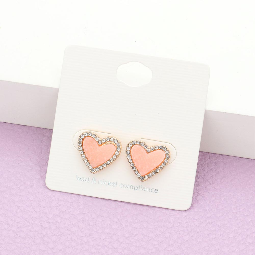 Rhinestone Trimmed Druzy Heart Stud Earrings