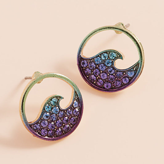 Stone Paved Colored Metal Wave Stud Earrings