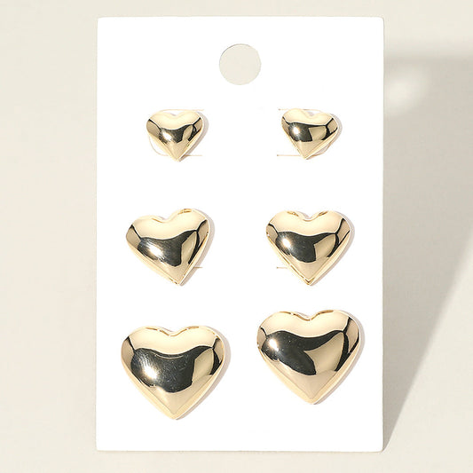 3Pairs - Metal Heart Stud Earring Set