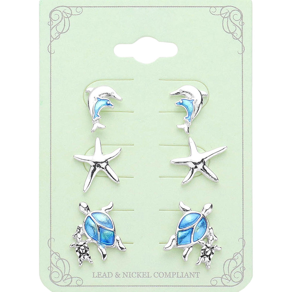 3PAIRS - Dolphin Starfish Sea Turtle Stud Earrings Set